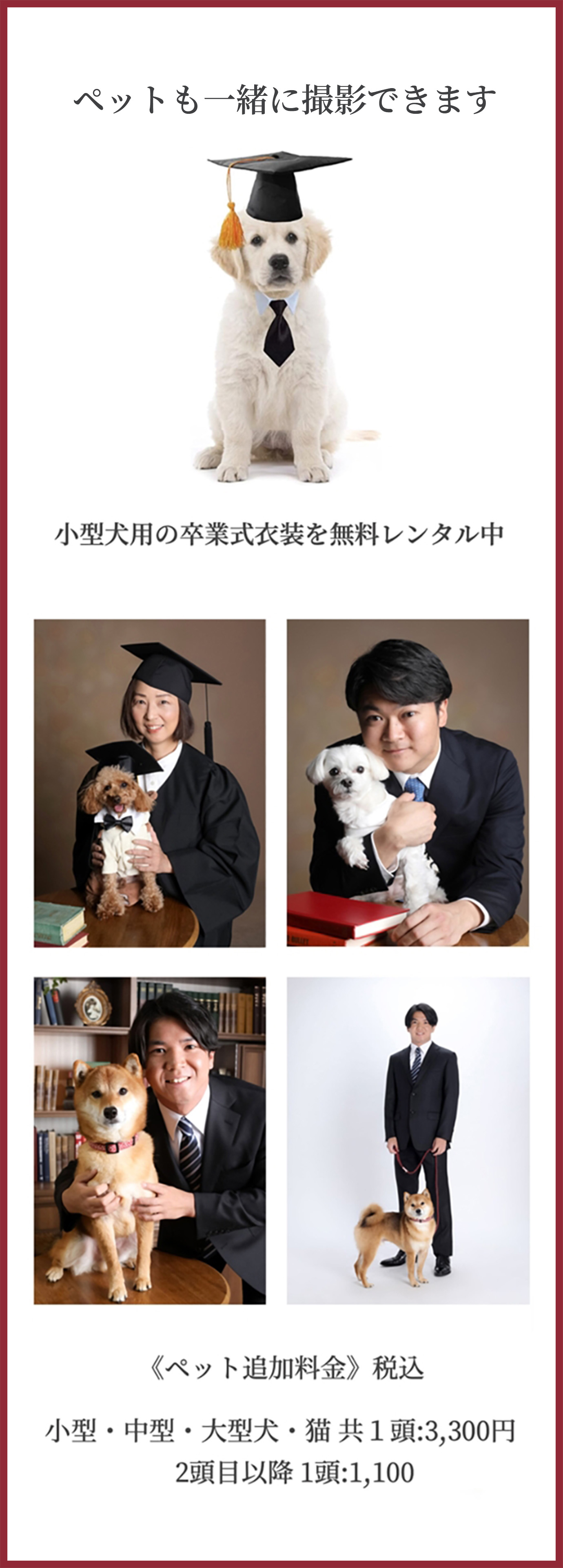 ペットも一緒に撮影できます。 小型犬用の卒業式衣装を無料レンタル中 《ペット追加料金》税込  小型・中型・大型犬・猫 共 1頭:3,300円  2頭目以降 1頭:1,100