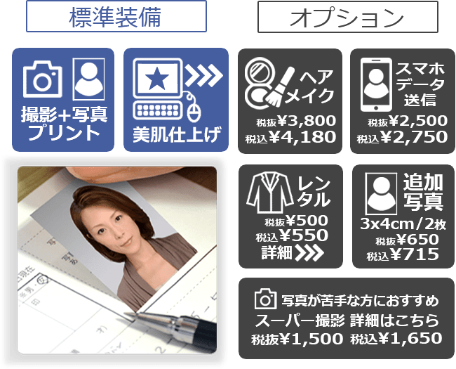 フォトプラン 標準装備:撮影+写真、美肌仕上げ 【オプション】ヘアメイク、スマホデータ送信、スーツレンタル、追加写真(3cm×4cm 2枚)、写真が苦手な方におすすめ スーパー撮影