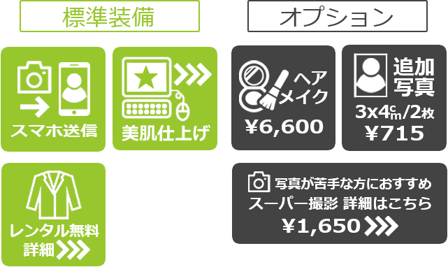 データプラン 標準装備：スマホデータ送信、美肌仕上げ、スーツレンタル　【オプション】ヘアメイク、追加写真(3cm×4cm 2枚)、写真が苦手な方におすすめ スーパー撮影